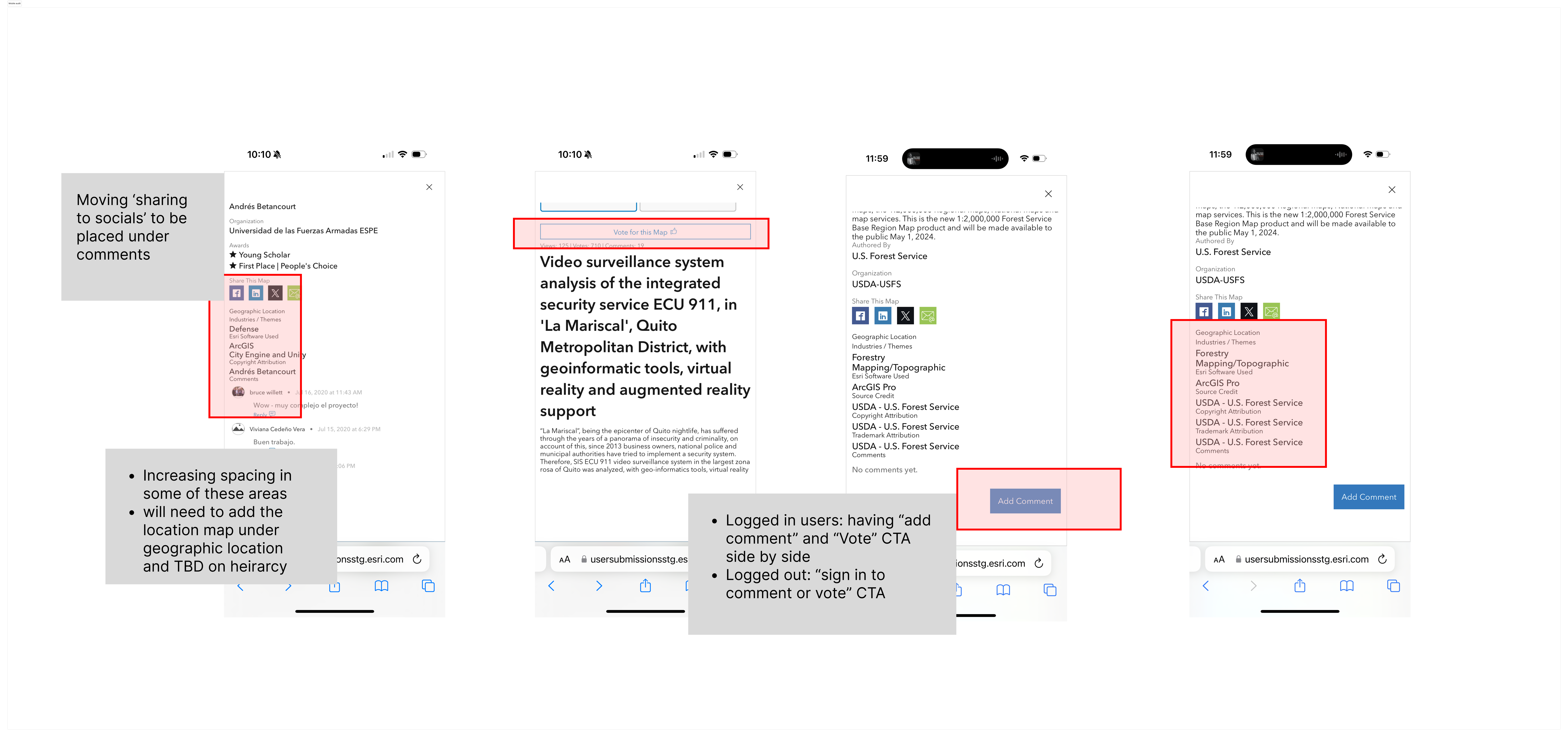 Redlined usability audit documenting issues on the existing mobile experience
